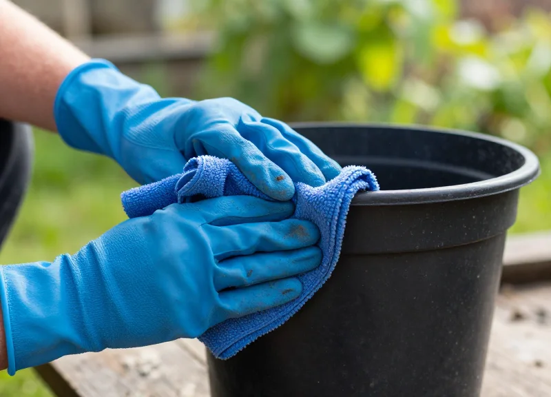 A hand in a gardening glove wiping a plastic pot surface to prepare it for label application.