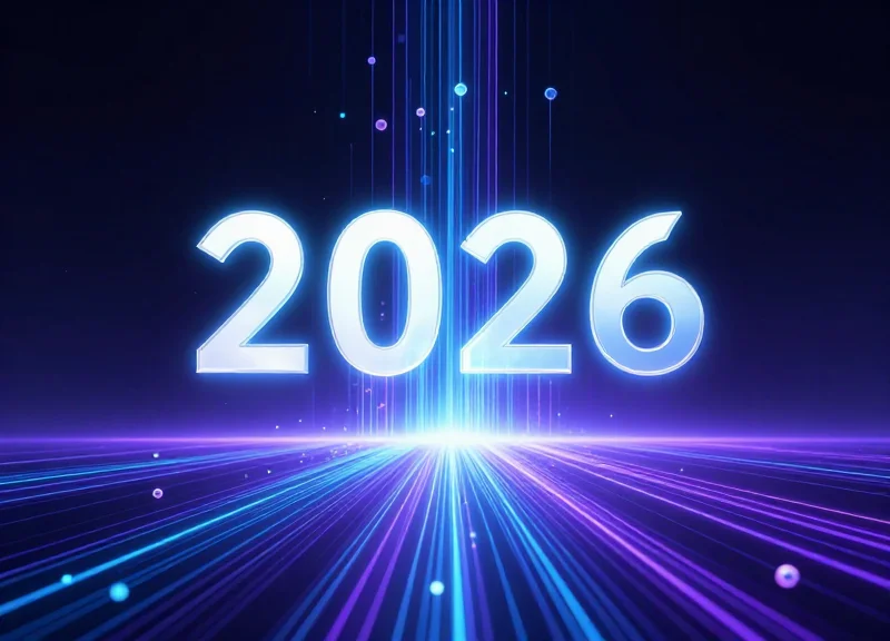 Futuristic visualization of 2026 security trends with rising light trails and data nodes