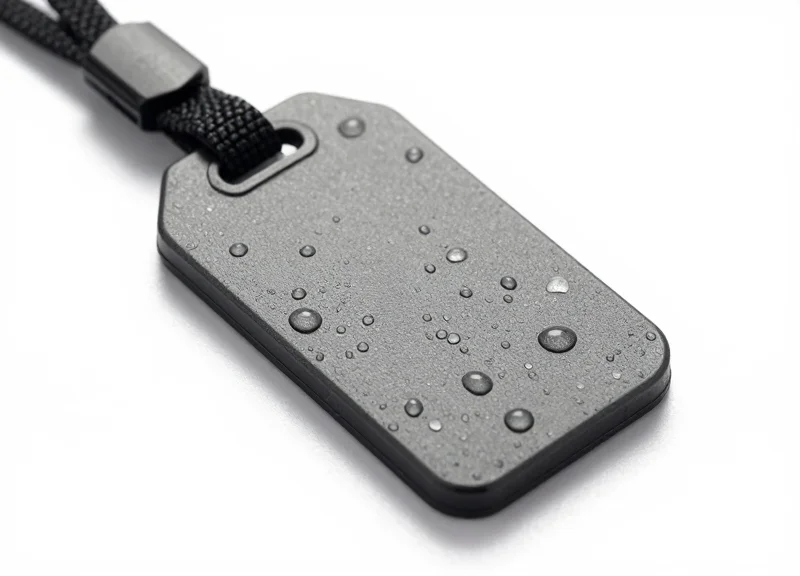 Close-up of a rugged weatherproof security tag with water droplets to show durability