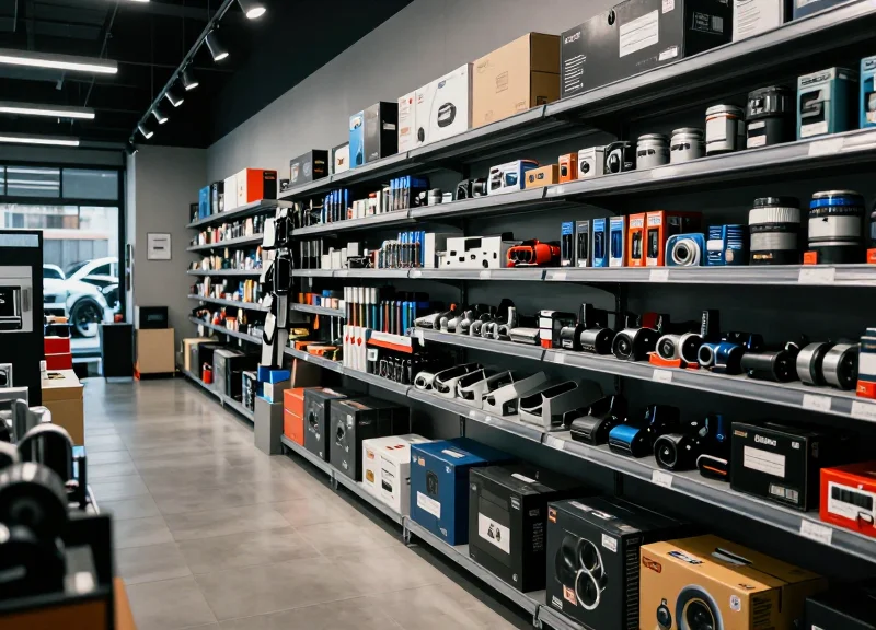 A high-end auto accessory retail store aisle with car parts and tools organized on modern shelves.