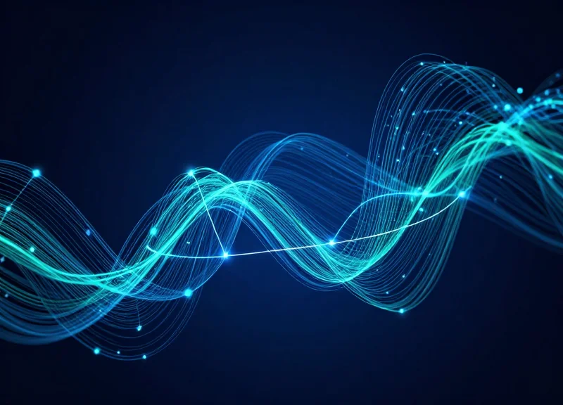 Abstract digital nodes and flowing data lines representing RFID and EAS integration.