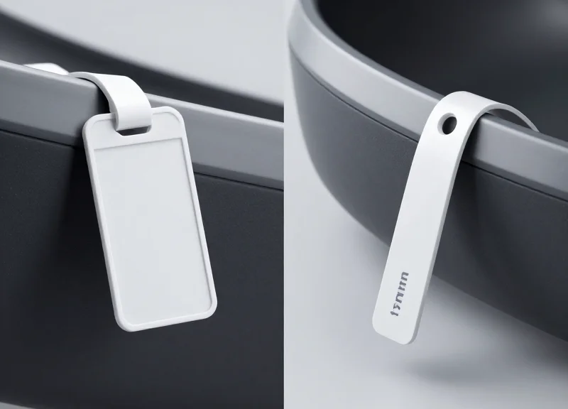 Side-by-side comparison of a bulky standard hard tag versus a slim lanyard tag on a curved auto part.