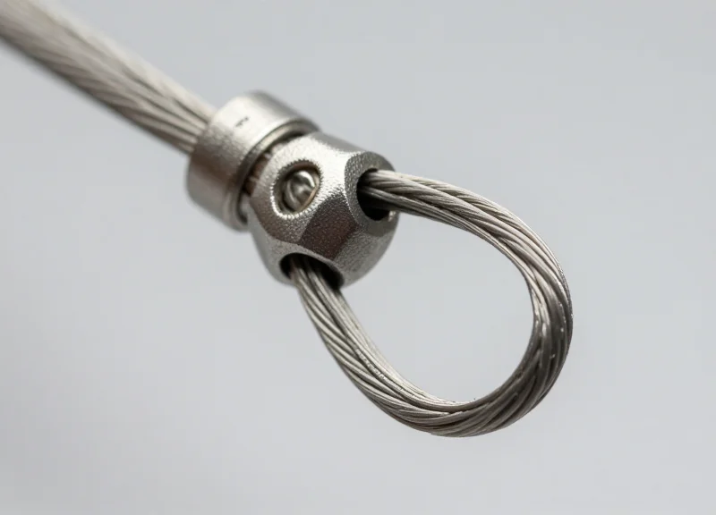 Macro view of the reinforced wire loop of a lanyard tag showing material durability.