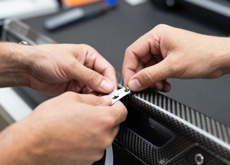 Store associate hands attaching a security tag to a carbon fiber car part.