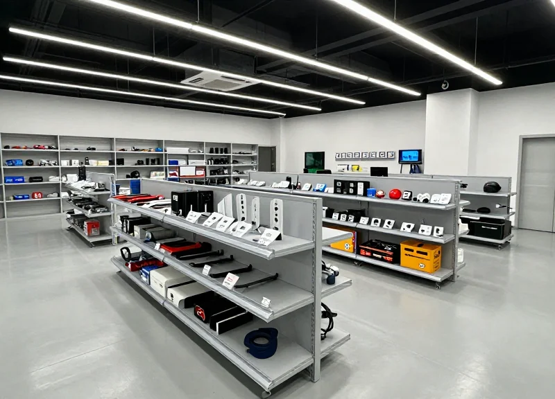 A wide angle shot of a modern automotive retail store with organized shelves of car accessories and tools.