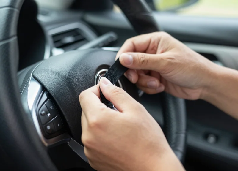 Hands demonstrating the quick application of a security lanyard onto a car accessory.