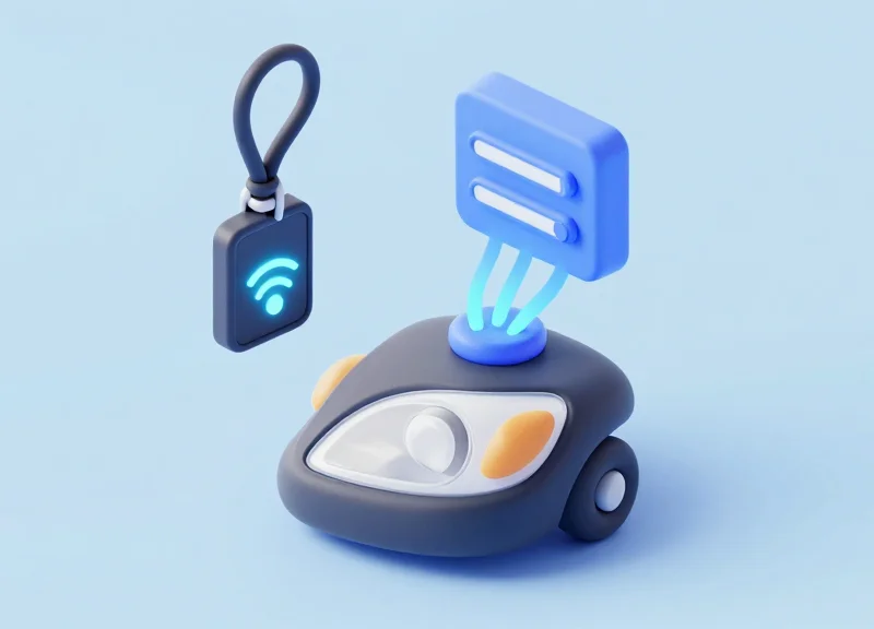 Isometric 3D view of a smart car part with an integrated RFID lanyard connected to a network.