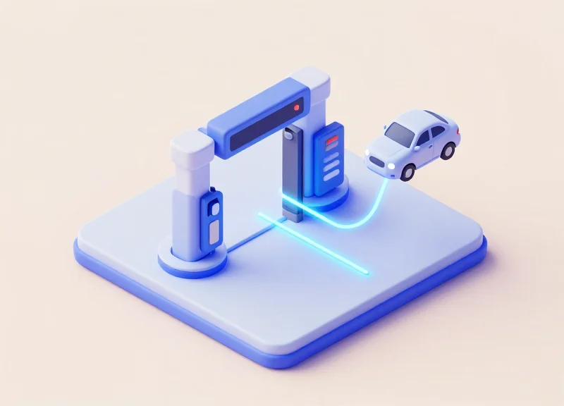 Isometric 3D illustration showing a security gate and a digital tag on a car part, representing EAS and RFID integration.