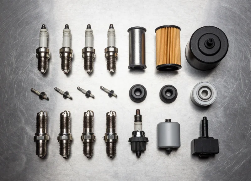 A collection of high-value car parts like spark plugs and filters arranged neatly on a metal surface.