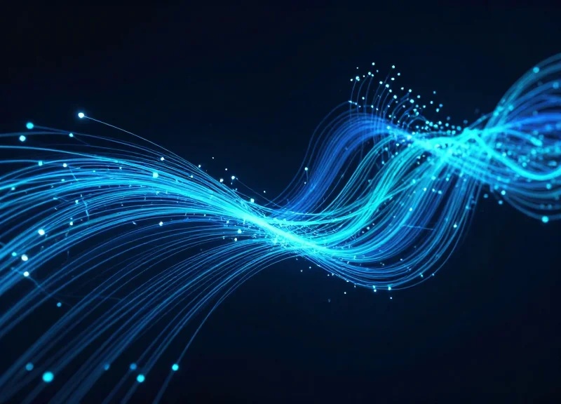 Abstract visualization of glowing data streams flowing from store shelves upward into digital nodes.