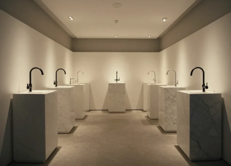 Interior of a luxury high-end showroom featuring designer faucets and fixtures with soft modern lighting.