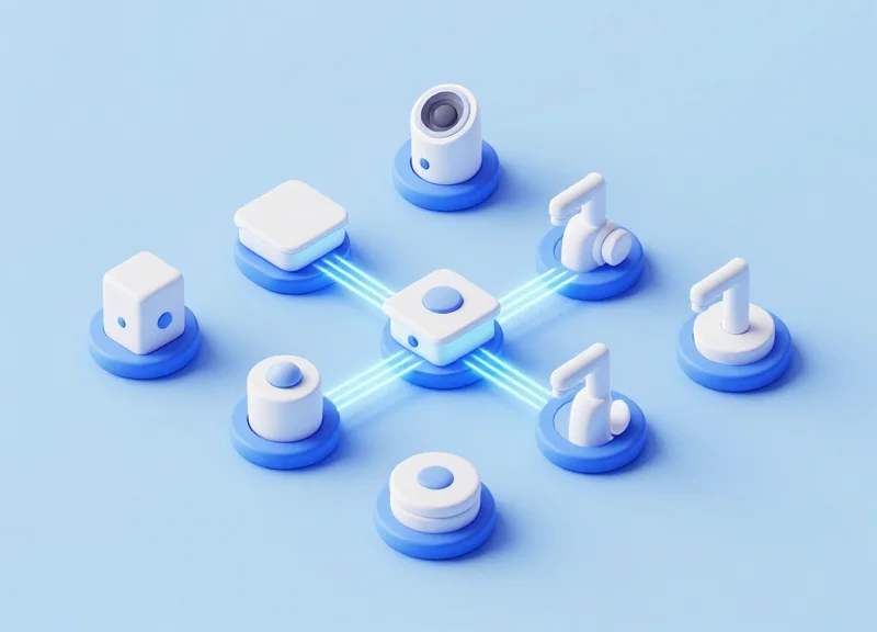 Isometric 3D model of a security network connecting fixture sensors to a central tracking system.