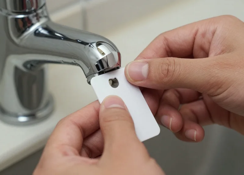 A person's hands detaching a quick-release security lock from a bathroom fixture.