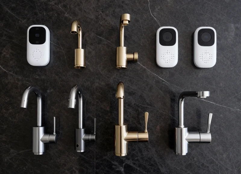 A variety of different luxury faucets and security tags arranged neatly on a stone surface.