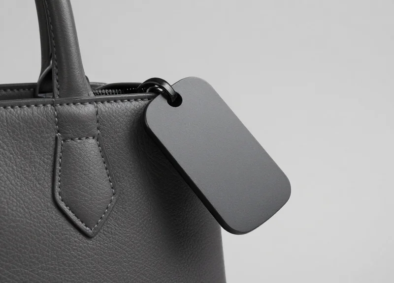 Close-up of a modern EAS security tag attached to a high-quality product surface.