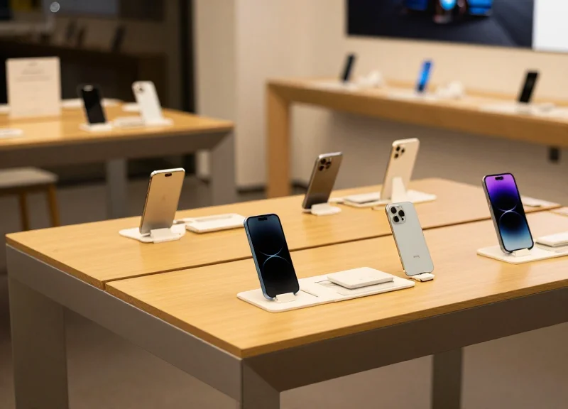 A modern high-end electronics retail store with smartphones and tablets on open display stands under warm cinematic lighting.