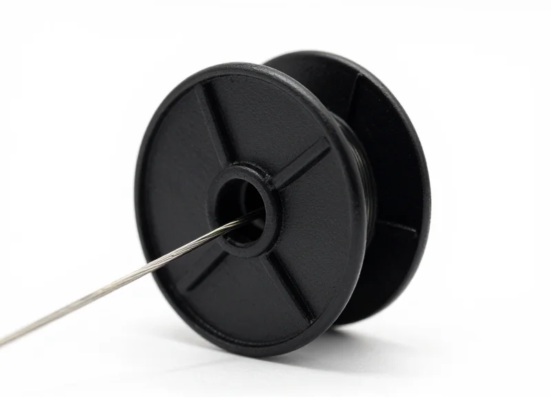 A close-up of a sleek 15mm compact cable recoiler with a thin steel wire extending outwards on a white background.