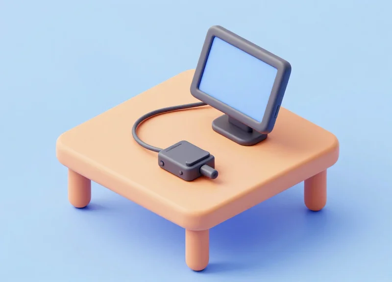 A 3D isometric illustration showing a tablet connected to a hidden cable recoiler and an alarm sensor unit underneath a retail counter.