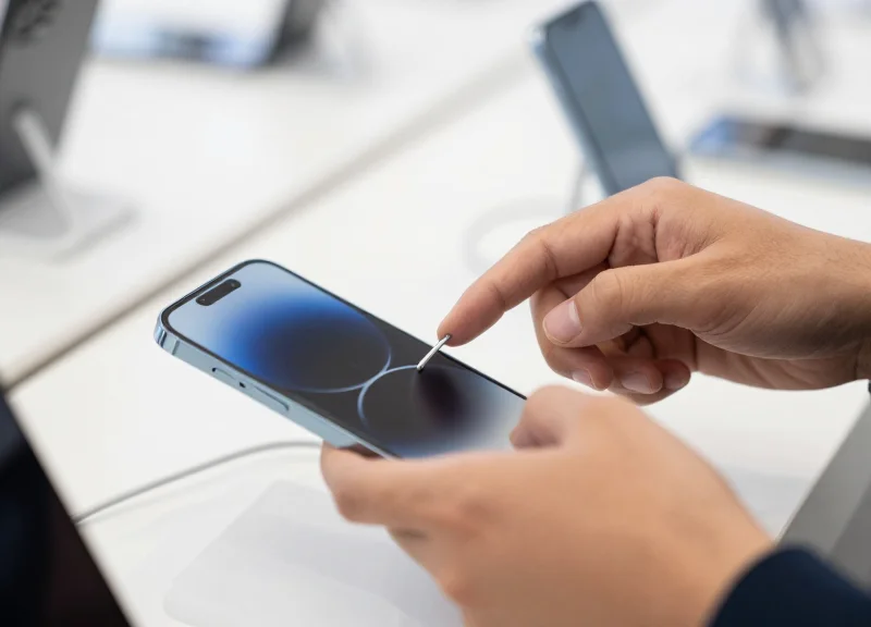 Close-up of a customer's hands lifting a smartphone from a display stand, with a discreet security cable extending smoothly.