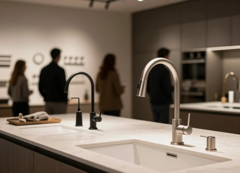 A high-end modern kitchen and bath showroom with minimalist fixtures and warm lighting.