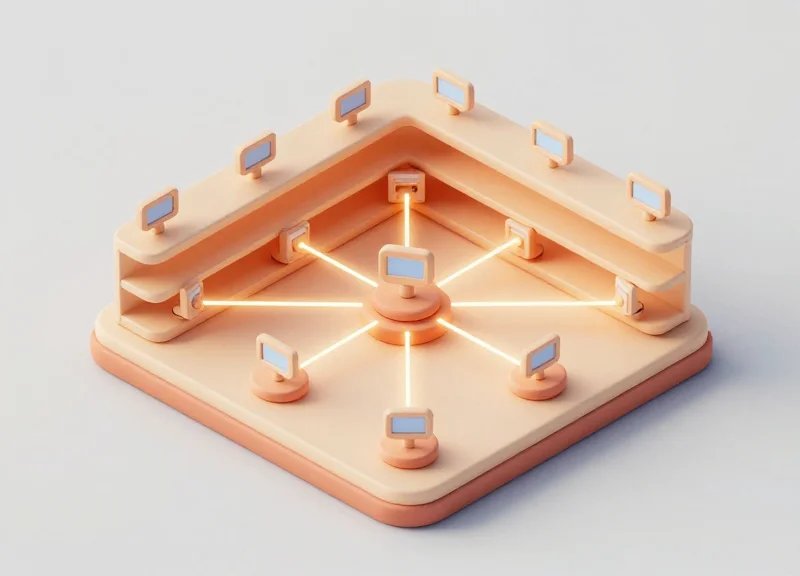 3D isometric view of electronic shelf labels connected in a retail network.