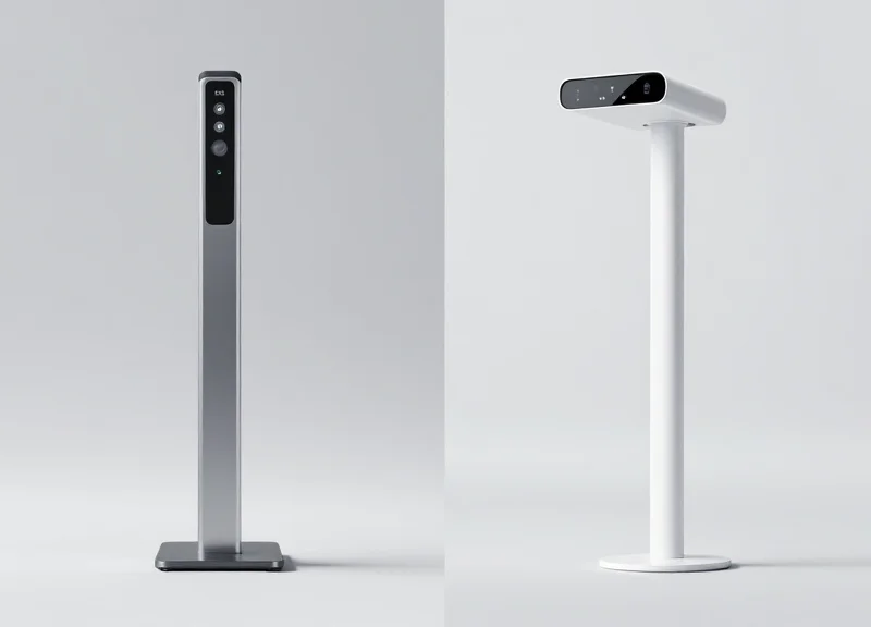 A side-by-side visual comparison of an EAS security antenna and an RFID overhead sensor panel.