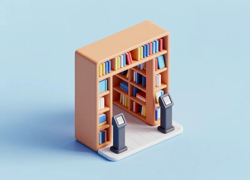 A 3D isometric model of a bookstore entrance showing the optimal placement of security gates and traffic flow.