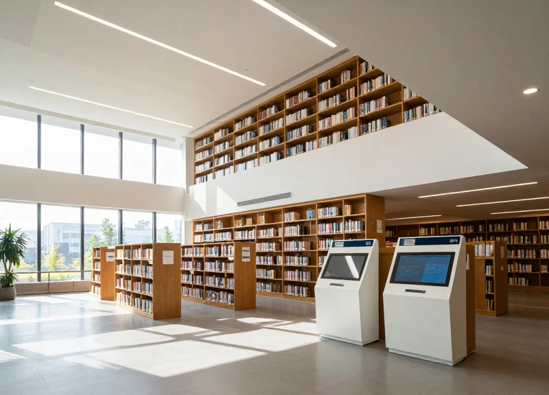 A modern, bright library interior with sleek wooden shelves and digital kiosks under natural sunlight.