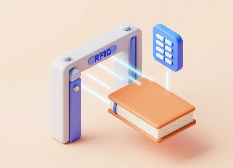 Isometric 3D diagram showing a library book passing through a digital RFID security gate with glowing data connections.