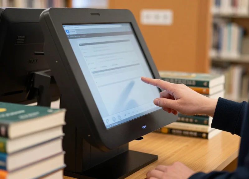 A library patron using a sleek self-checkout kiosk with a simple touchscreen interface in a cozy library setting.