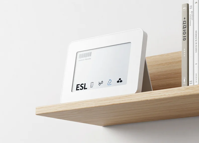 A high-resolution product shot of an electronic shelf label attached to a clean library shelf.