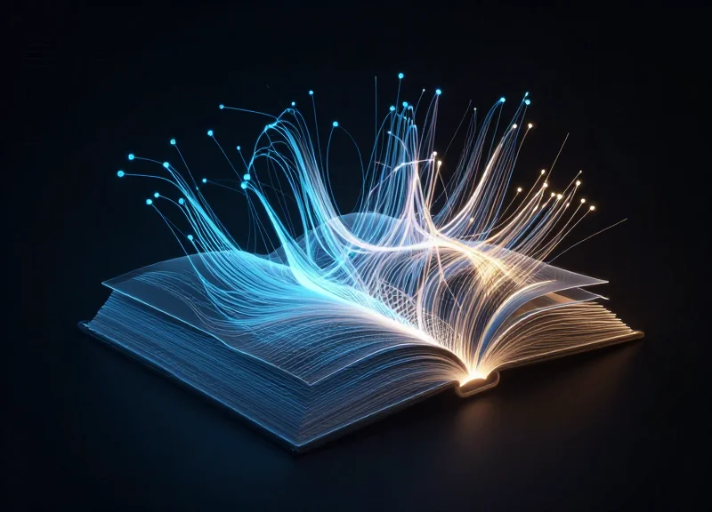 Abstract visualization of electromagnetic fields and magnetic waves interacting with a book silhouette.