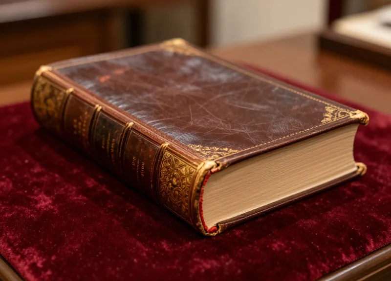 An antique rare book on a velvet cushion being handled with care for security strip placement.