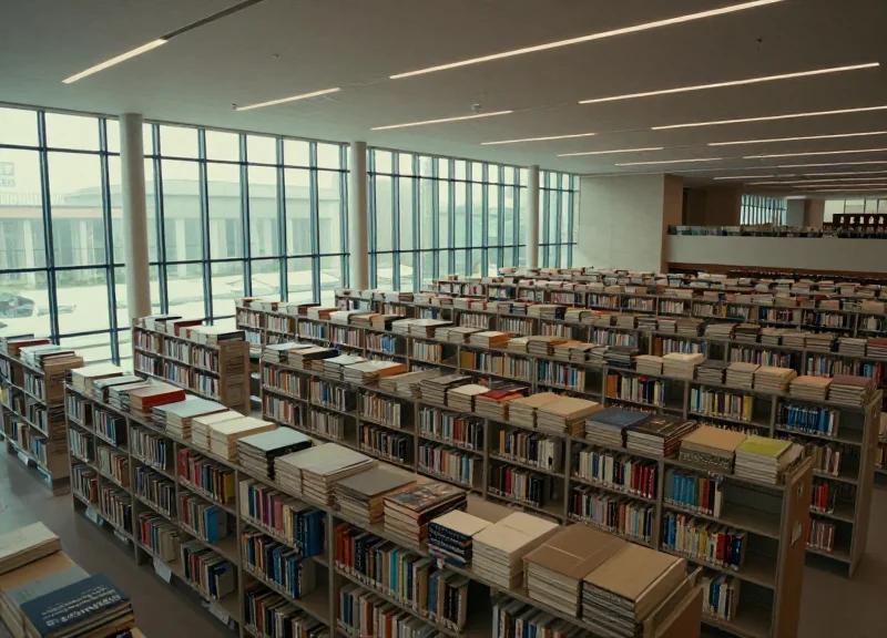 A wide angle shot of a futuristic library with high-density book stacks and soft cinematic lighting