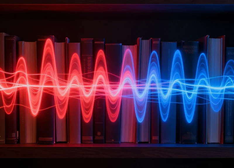 Abstract visualization of signal interference and overlapping waves between tightly packed books