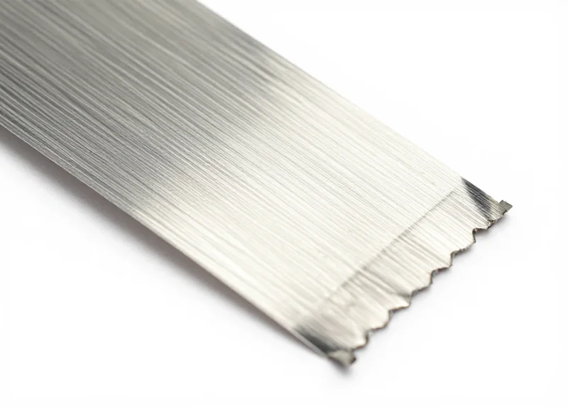 Macro close-up of a thin metallic magnetic security strip on a pure white background