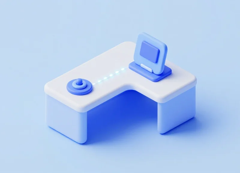 3D isometric model of a library checkout desk with hybrid security equipment