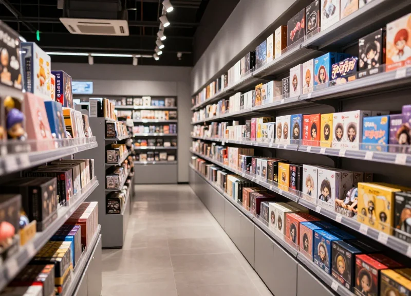 A modern hobby retail store interior with vibrant shelves filled with colorful blind boxes under bright cinematic lighting.