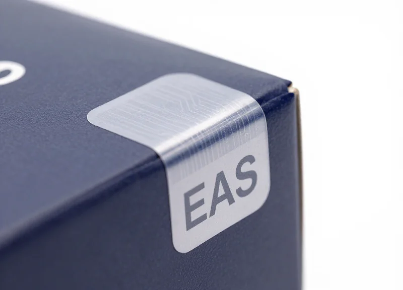 A macro close-up of a thin, transparent next-generation EAS label applied seamlessly to the corner of a high-end designer toy box.