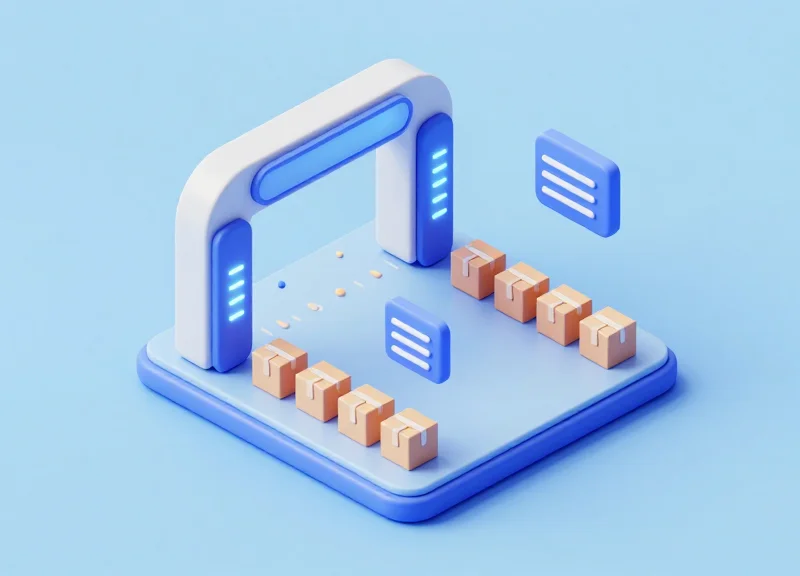 3D isometric model of a retail security gate integrated with a cloud network, showing boxes passing through a smart sensor.