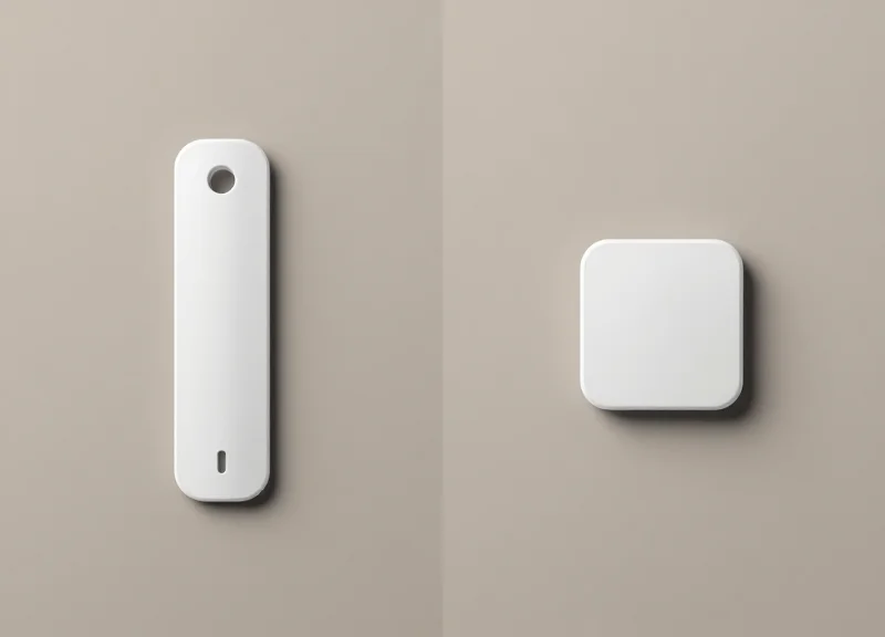 Two different types of EAS security labels side by side on a neutral grey background