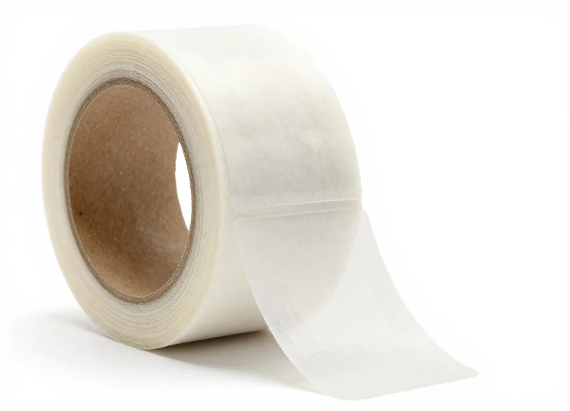 A roll of transparent adhesive security labels on a pure white background
