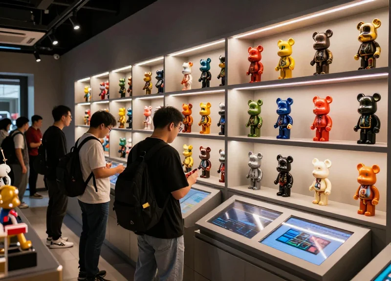 A modern futuristic designer toy boutique with high-end collectible figures on display and customers browsing.