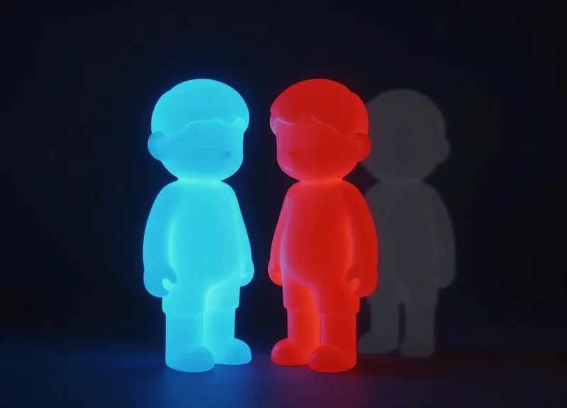 Surrealist art showing a designer toy figure with a fading shadow representing authenticity versus counterfeit.
