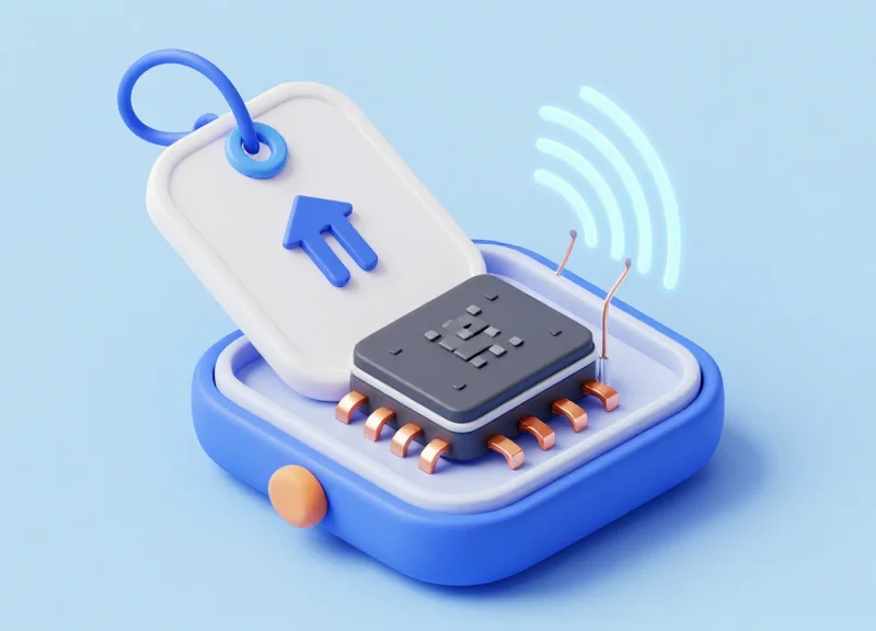 An isometric 3D view of a toy box with a security tag showing internal antenna layers and signal waves.