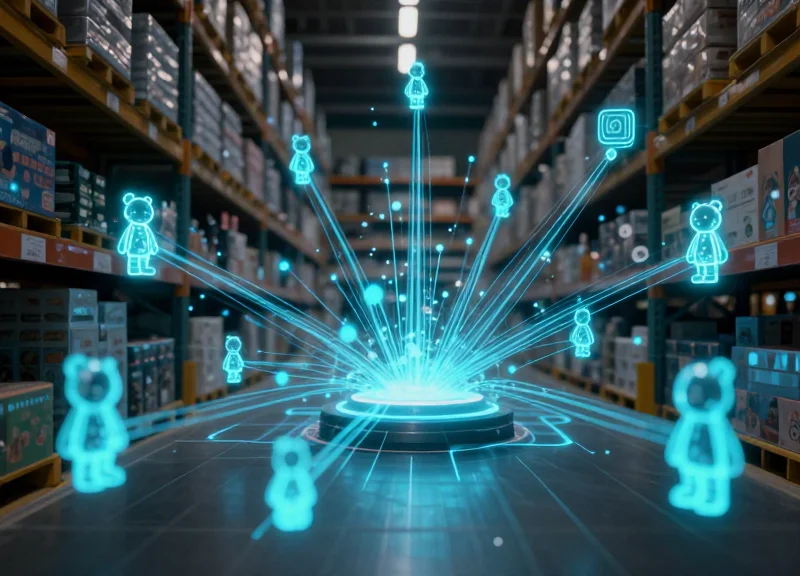 Abstract data visualization showing a retail inventory network with glowing nodes and light trails.