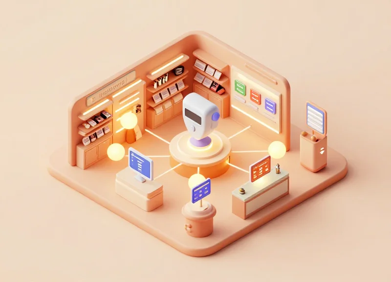 3D isometric model of a music store showing integrated security and inventory systems.