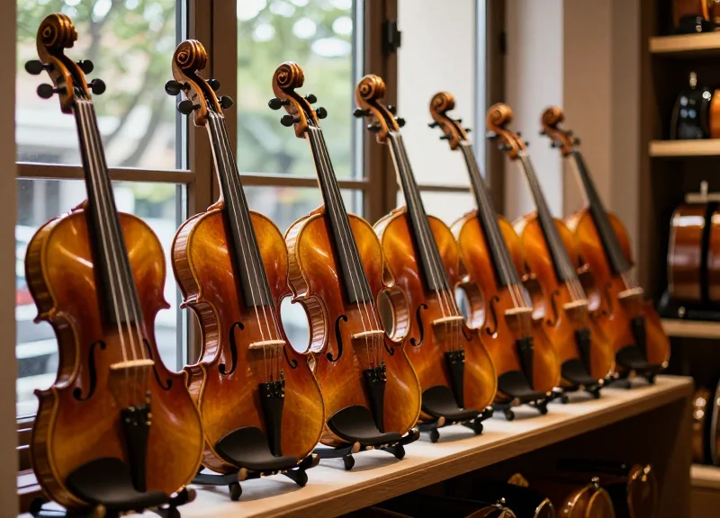 Close-up of high-end violins displayed in a luxury music boutique with elegant warm lighting.