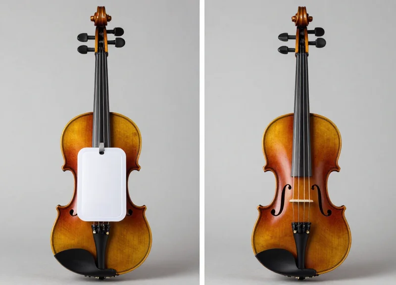 Comparison between an instrument with a bulky security tag and one with discreet invisible shielding.
