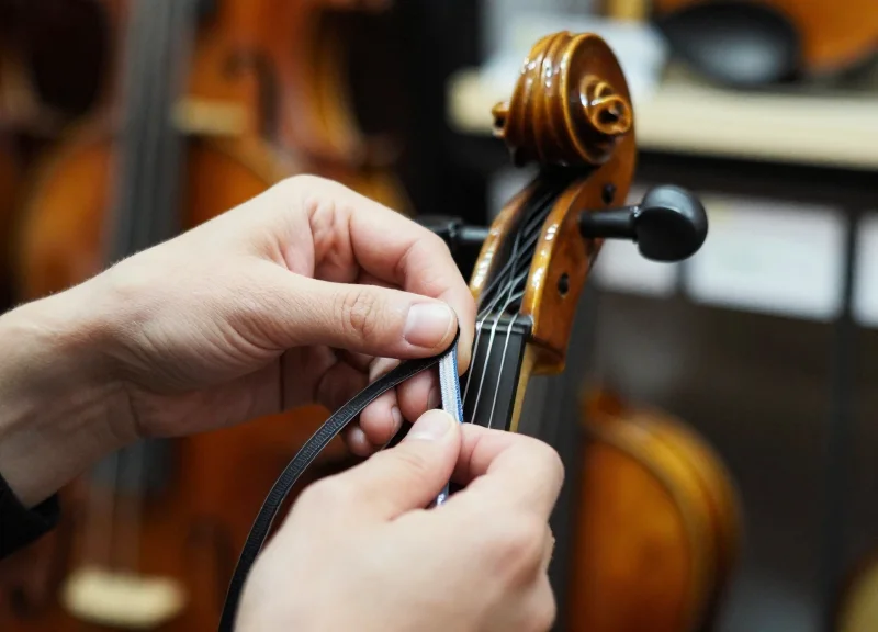 Technician's hands carefully looping a security lanyard around the peghead of a violin.